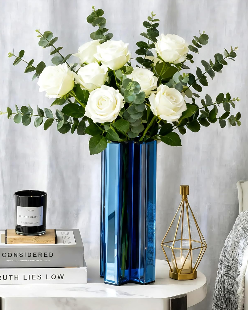 Blue Tall Cross-Shaped Decorative Glass Flower Vases for Home Decor