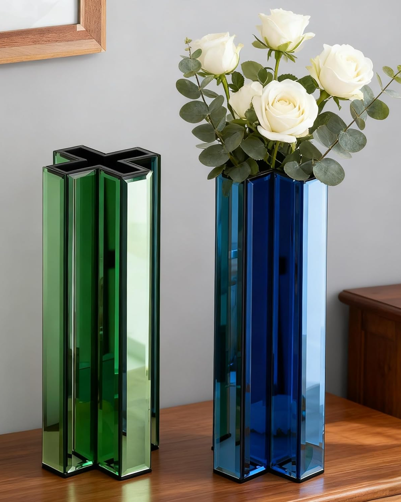 Green Glass Flower Vases for Home Decor, Living Room Decor