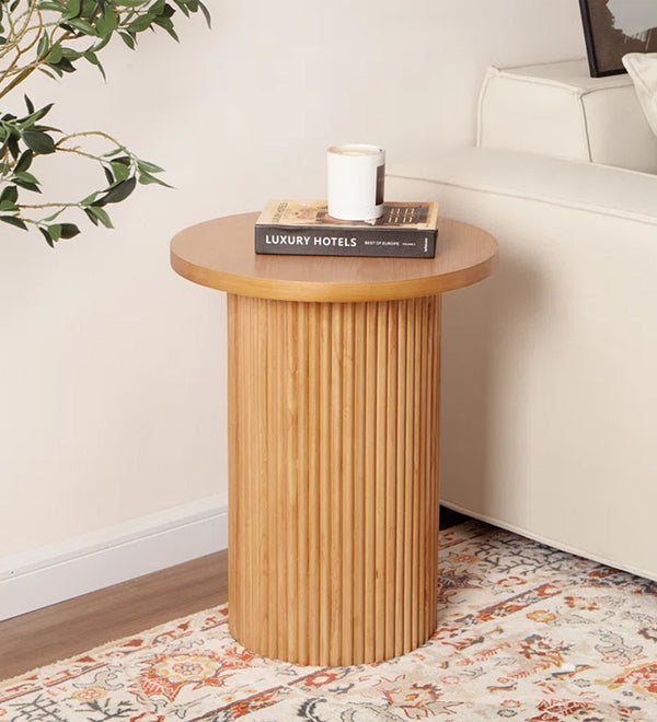 Natural Wood Round Wood End Table Fluted Pedestal Side Table