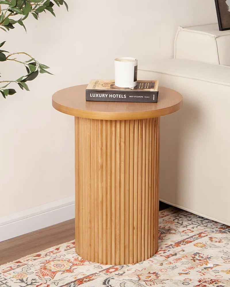 Natural Wood Round Wood End Table Fluted Pedestal Side Table