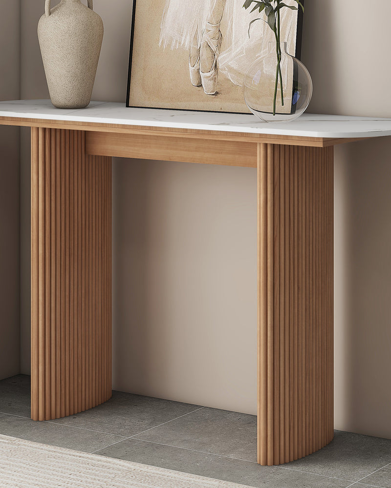 Natural  Marbled Wood Console Table Entryway Table with Fluted Base