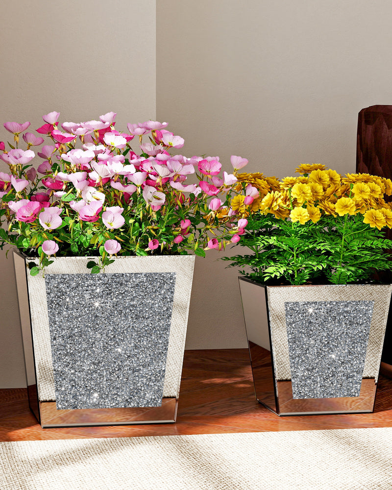 Silver Pot Planter crushed diamond vase ,Set of 2