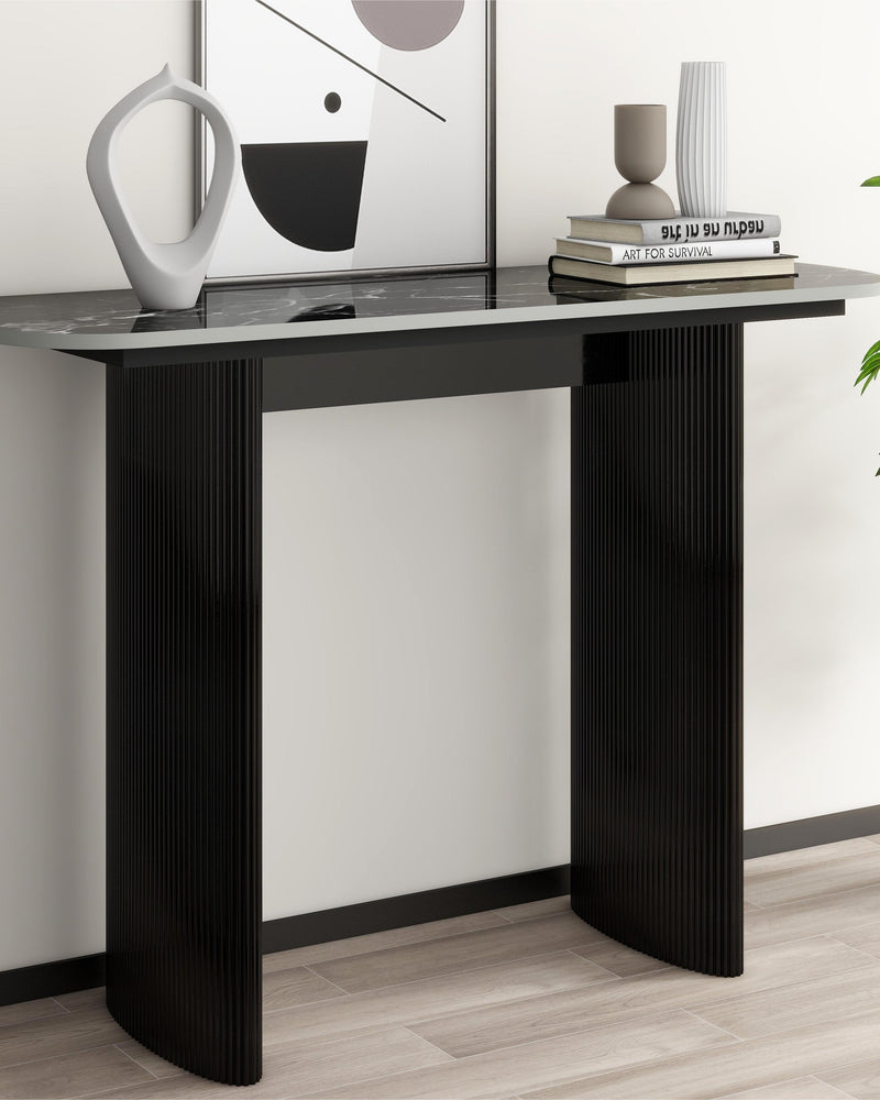 Black Marbled Wood Console Table Entryway Table with Fluted Base