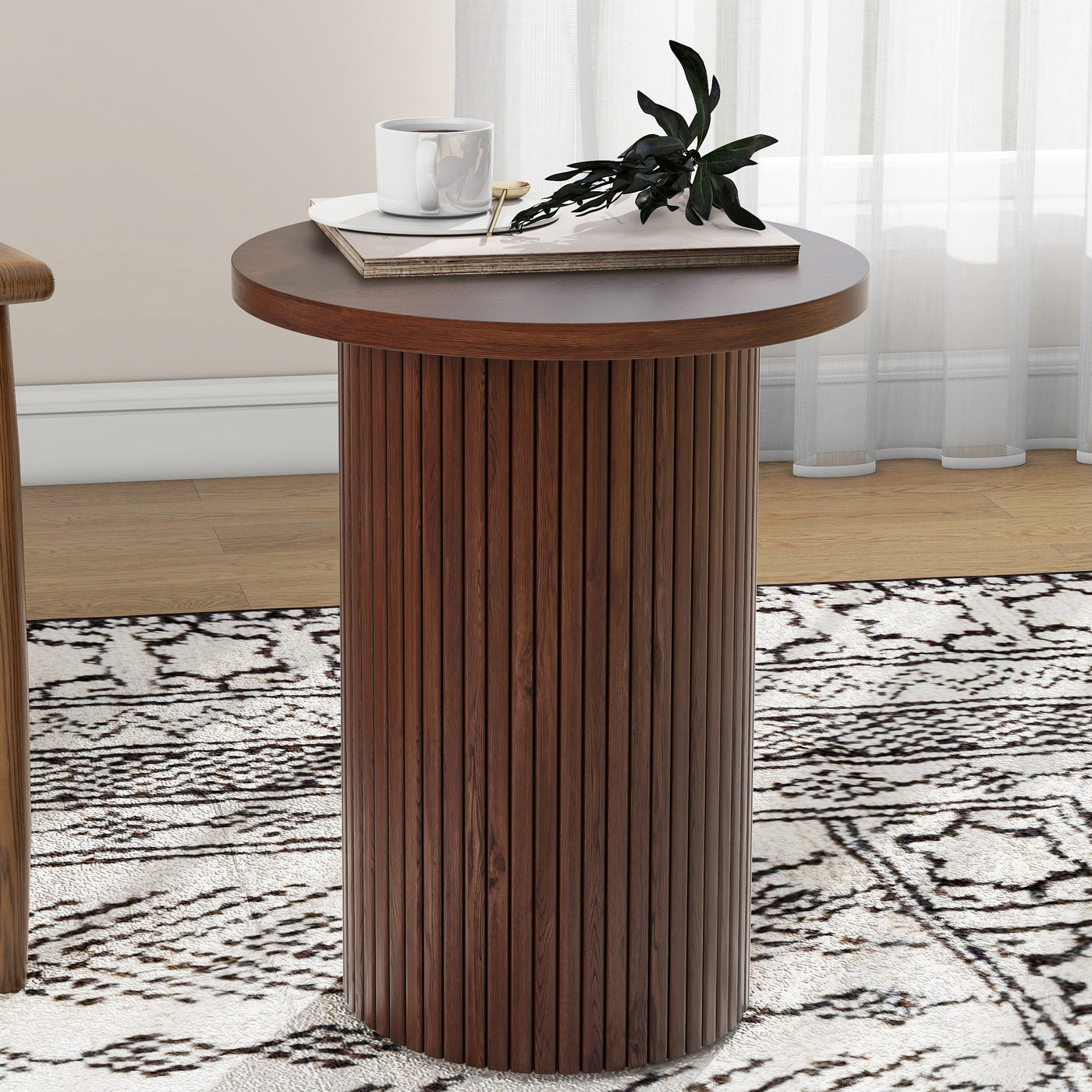 Walnut Round Wood End Table Fluted Pedestal Side Table