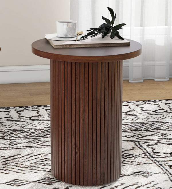 Walnut Round Wood End Table Fluted Pedestal Side Table