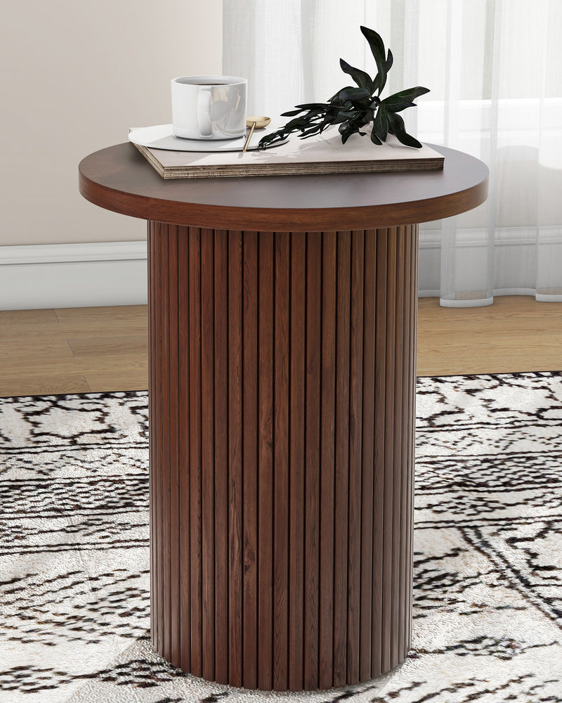 Walnut Round Wood End Table Fluted Pedestal Side Table
