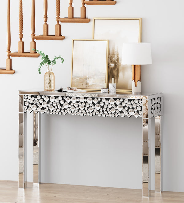 Glam Mirrored Entryway Table Console Table with Crystal Frame