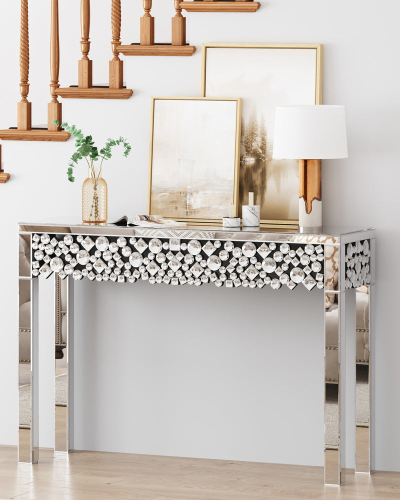 Glam Mirrored Entryway Table Console Table with Crystal Frame