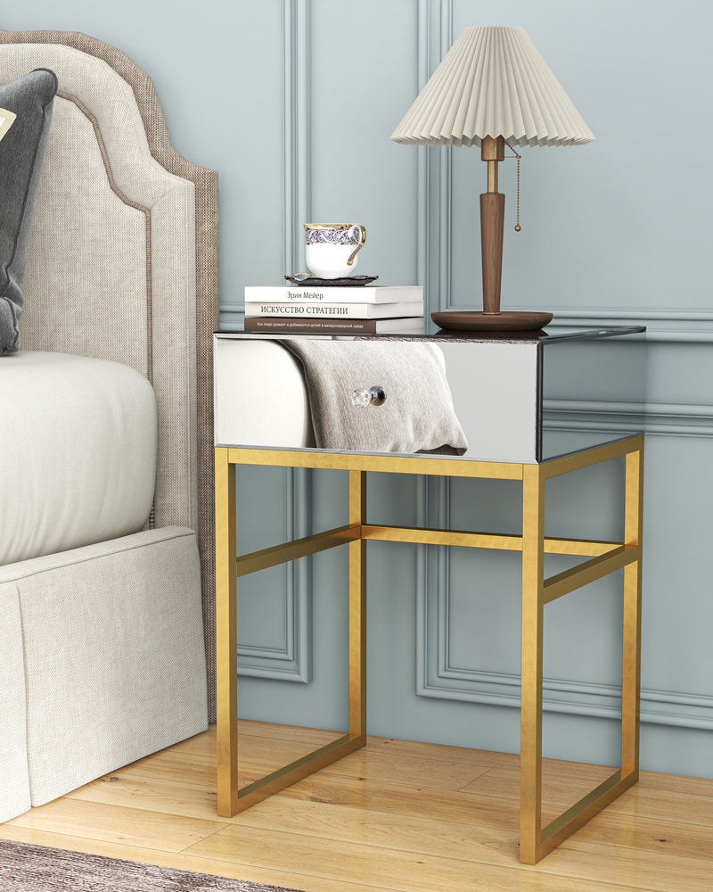 Mirrored Side Table Gold Legs Rectangle Accent End Table with Drawer