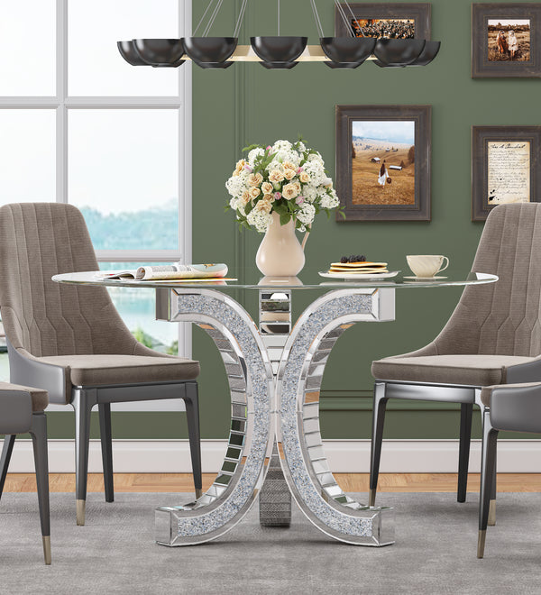 Mirror Glass Pedestal Dining Table with Tempered Glass Tabletop