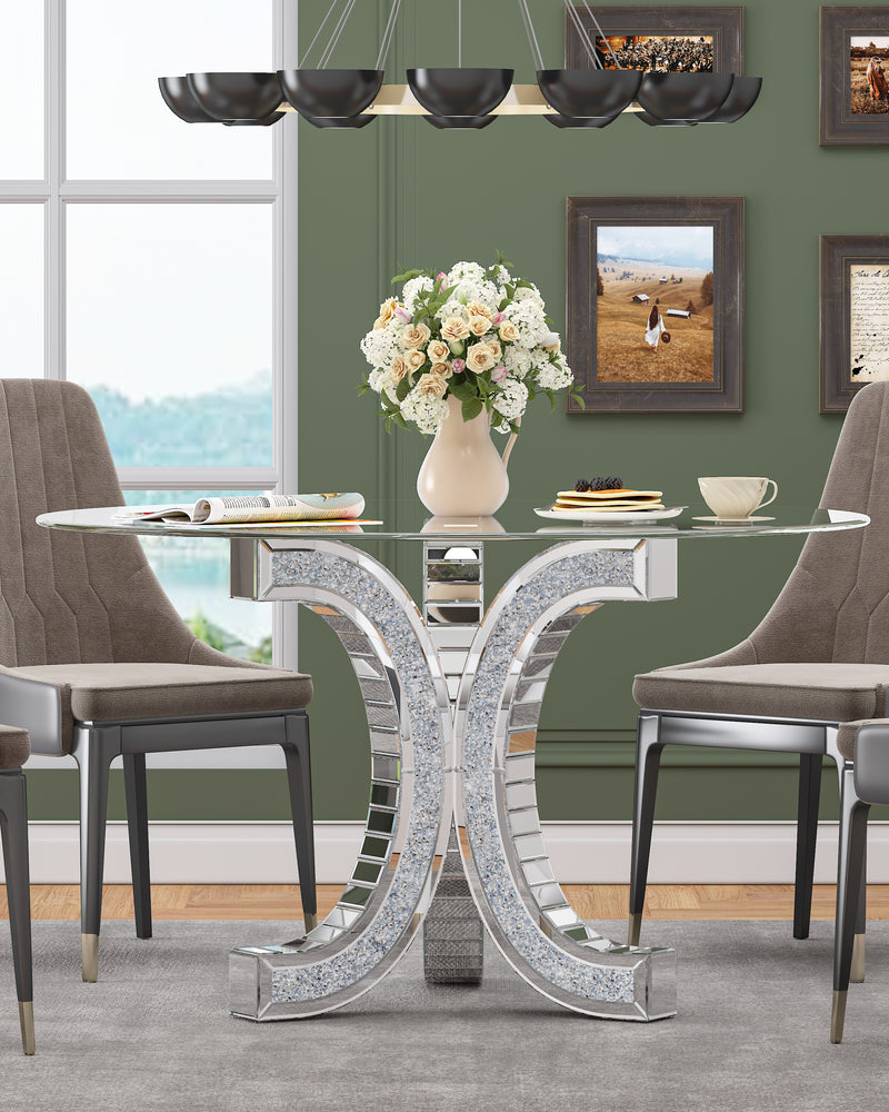 Mirror Glass Pedestal Dining Table with Tempered Glass Tabletop