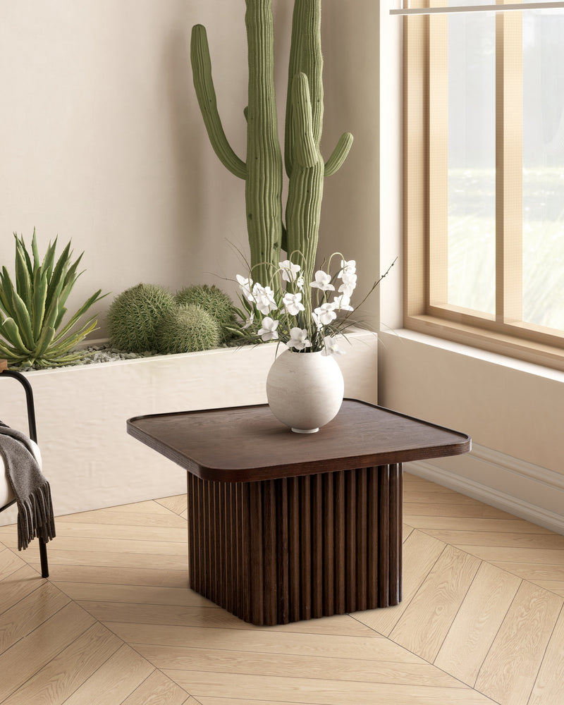 Square Wood Pedestal Coffee Table with Fluted Base