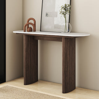 Walnut Marble Console Table Entryway Table with Fluted Base