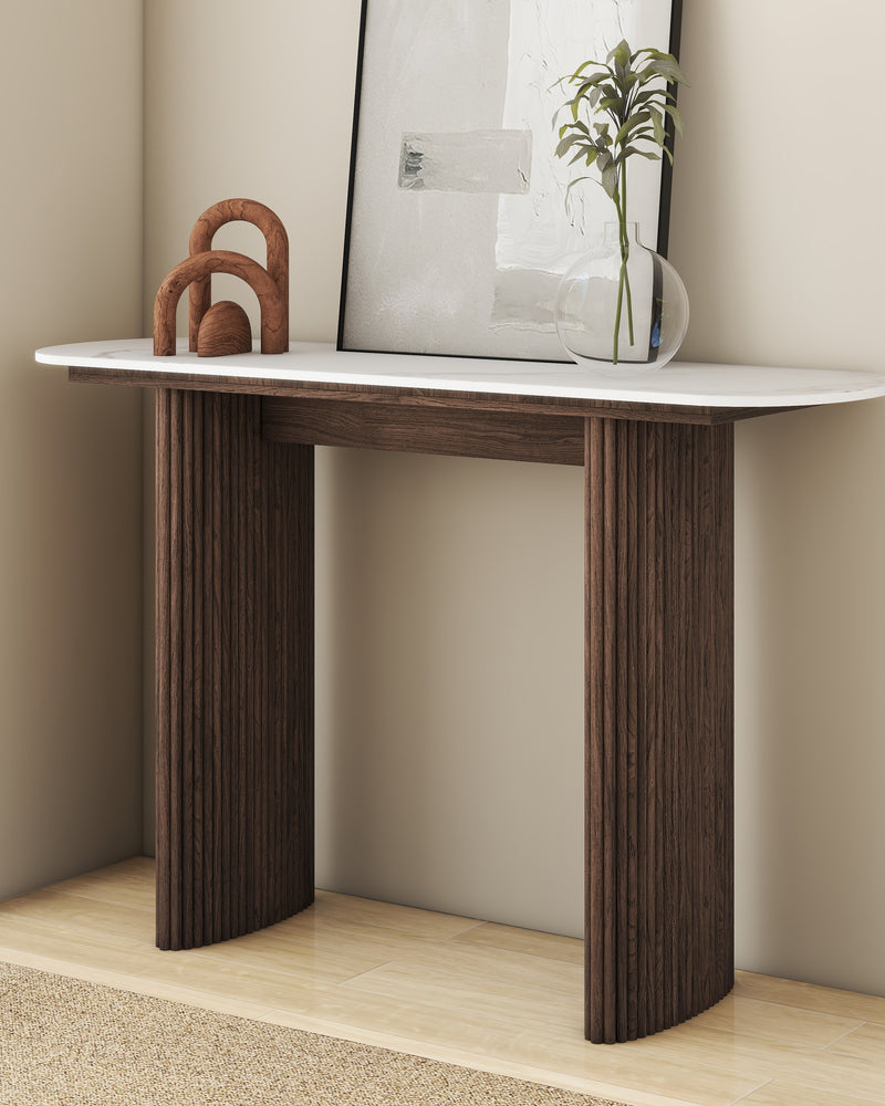 Walnut Marble Console Table Entryway Table with Fluted Base