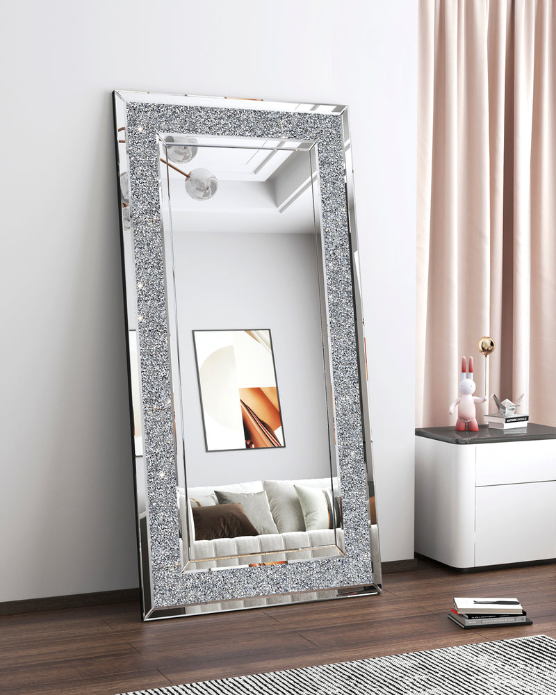 Floor Mirror, Glass Full Length Mirror with Crushed Diamond Frame