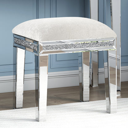 White Mirror Diamond Vanity Stool with Velvet Upholstered Seat