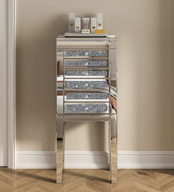 Mirrored Glass Jewelry Armoire with Crushed Diamond Inlay