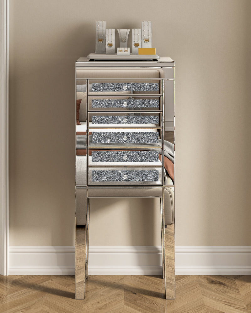 Mirrored Glass Jewelry Armoire with Crushed Diamond Inlay
