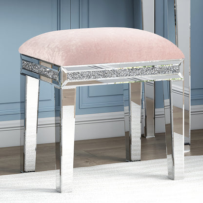 Taburete de Tocador Rosa con Espejo y Asiento Tapizado en Terciopelo