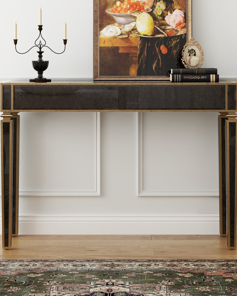 Antique Mirrored Console Table with Bronze-Toned Frame