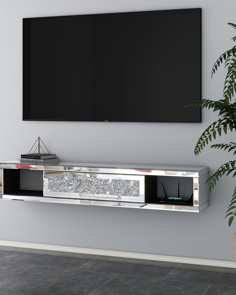 Mirrored Floating TV Shelf Crushed Diamonds Wall Mounted