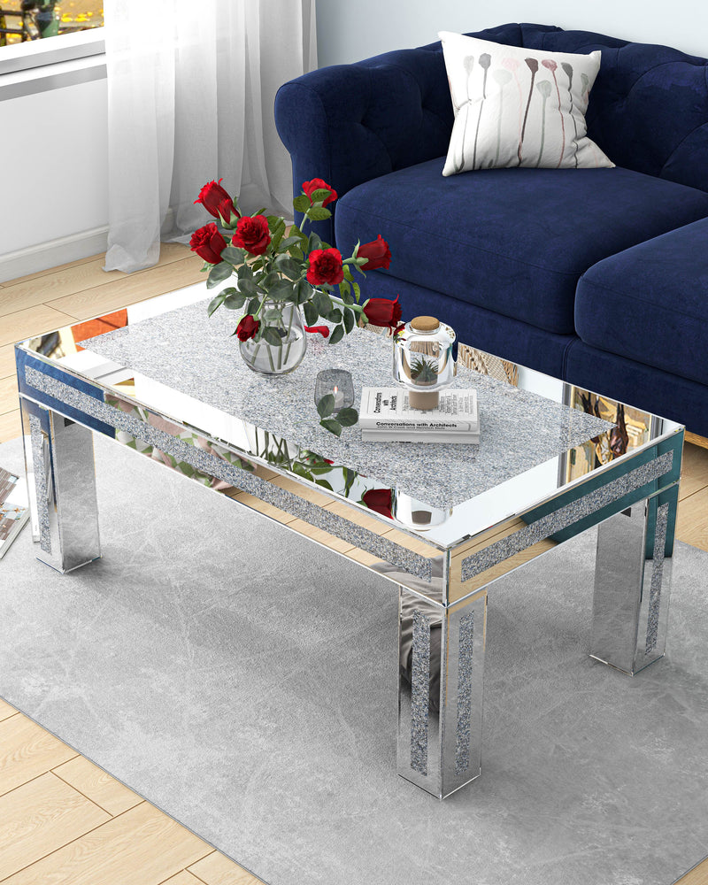 Mirrored Coffee Table with Crushed Diamond Inlay, Luxury Rectangular Glass Center Table
