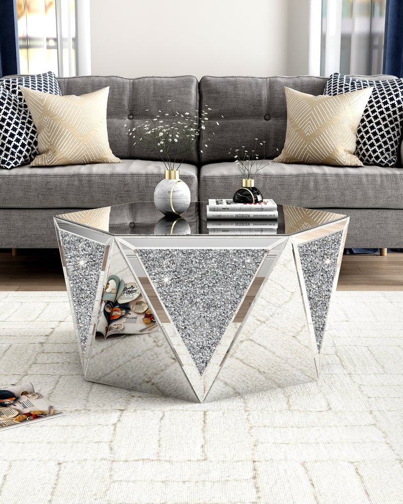 Luxury Mirrored Crystal Coffee Table with Geometric Glass Design