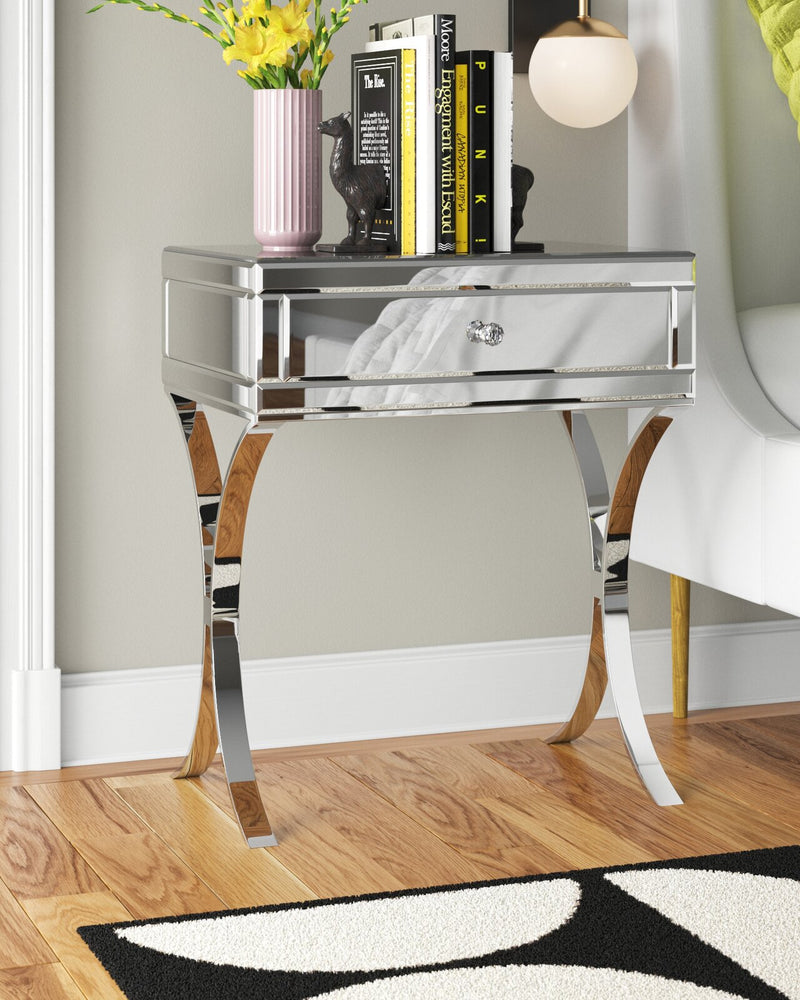 Mirrored Bedside Table with Stainless Steel,Silver Single Drawer Mirrored Night Table