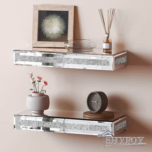 SHYFOY Mirrored Floating Shelves Wall Mounted Set of 2, Glitter Glass Mirror Storage Wall Shelves for Bedroom, Living Room, Bathroom, Kitchen, Office