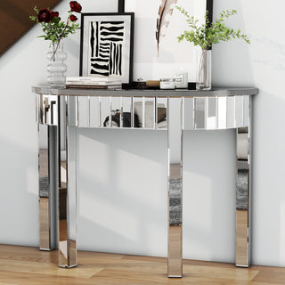Mirrored Half Moon Console Table, HD Glass Entryway Table with 1 Drawer, 39" Silver  /SF-CT198