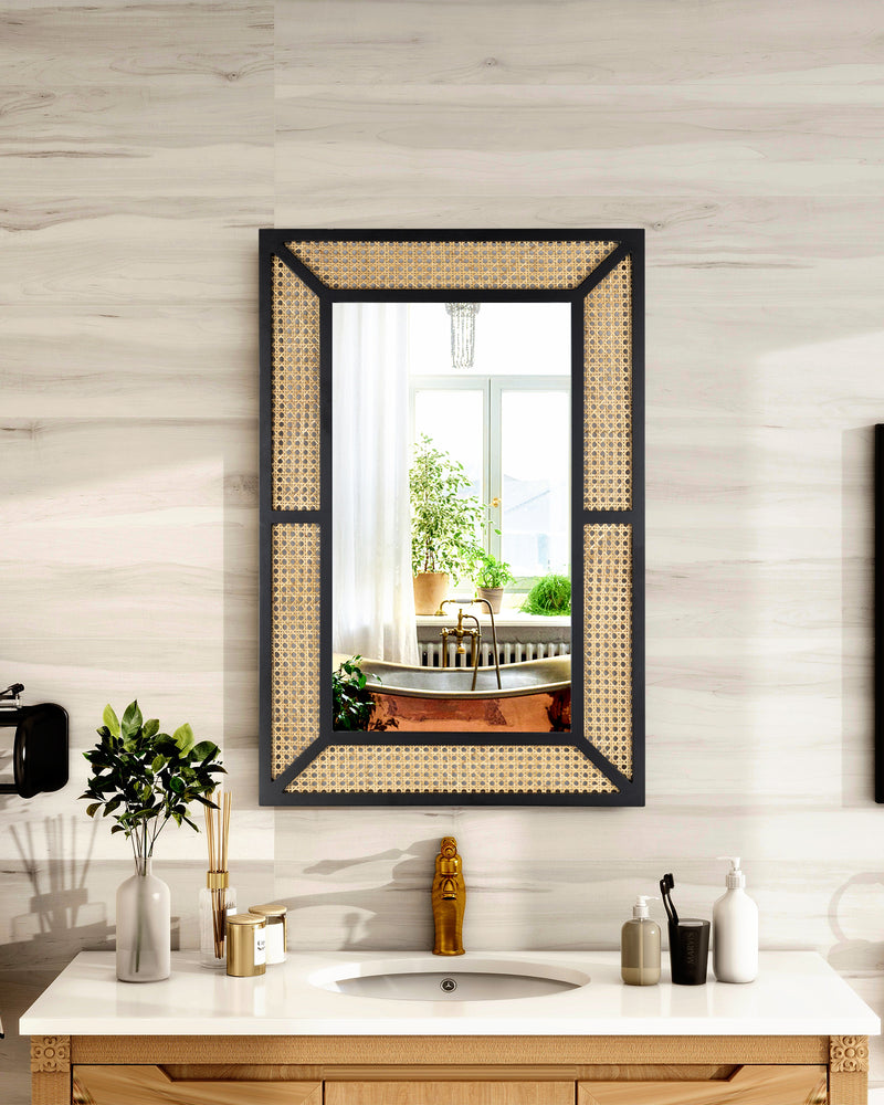 Rattan Mirror for Wall Decor Bohemian Rectangular Large Mirror
