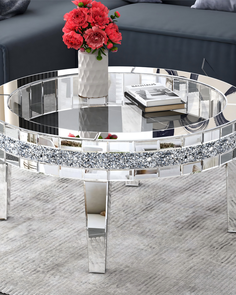 Round Glass Top Silver Accent Table Decor With Crushed Diamond Coffee Table