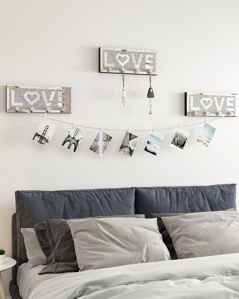 Mirrored Key Holder for Wall Decorative LOVE Letter Sign Plaque Key Hanger for Wall Decor with 4 Crystal Hooks