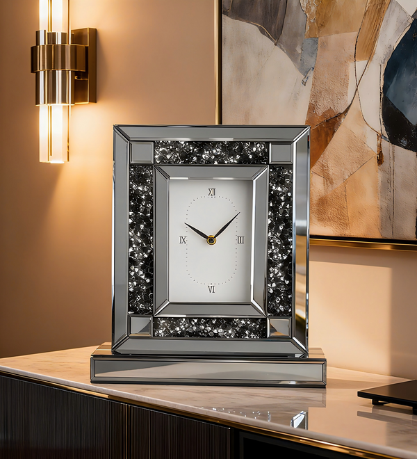 Black Mirrored Crushed Diamond Table Clock