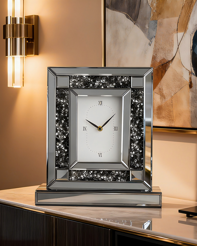 Black Mirrored Crushed Diamond Table Clock