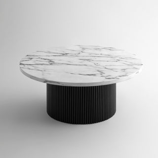 Black Modern Round Coffee Table with Solid Wood Fluted Design
