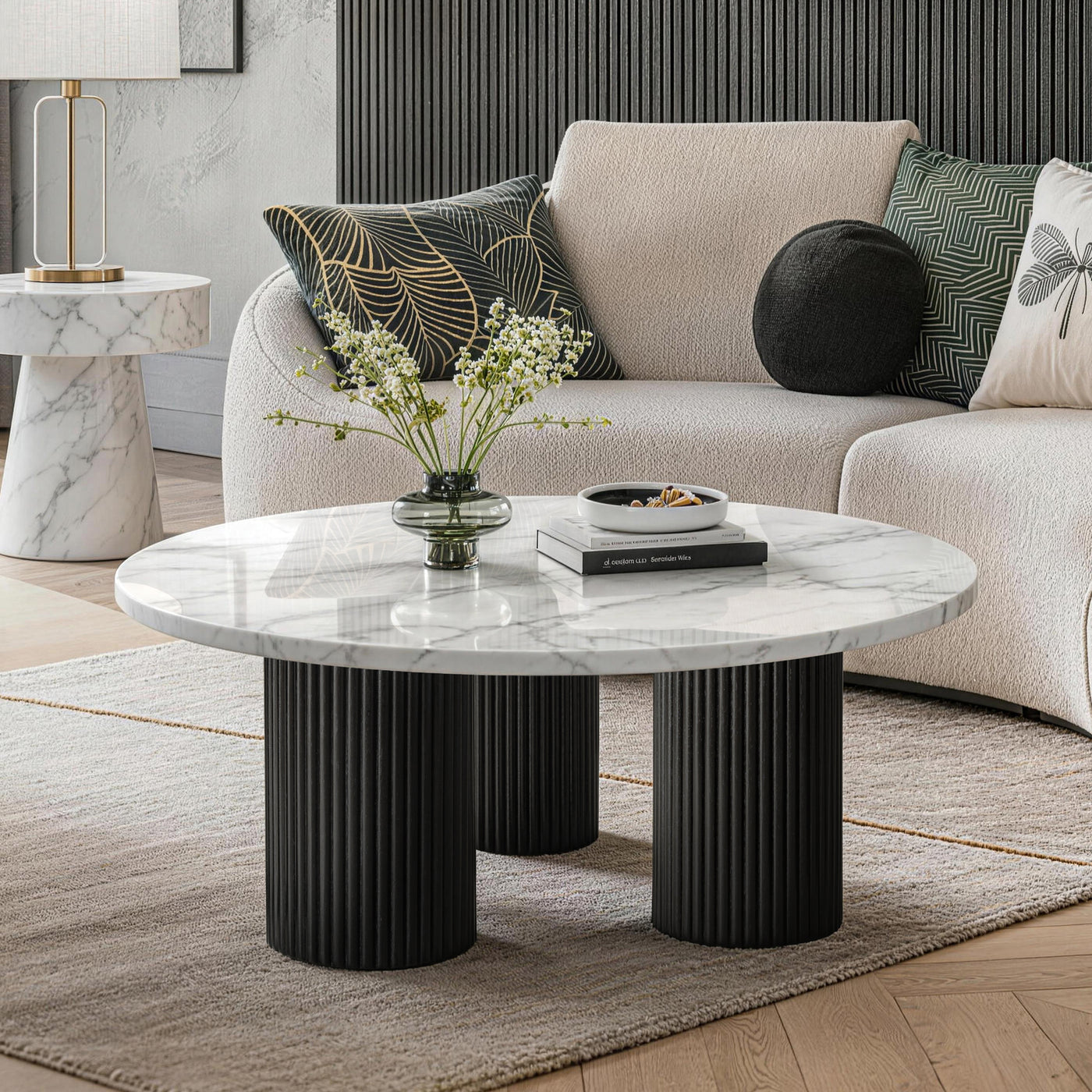 Black Modern Round Coffee Table Marble-Look Top