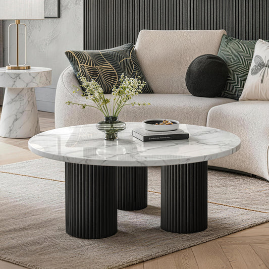 Black Modern Round Coffee Table Marble-Look Top
