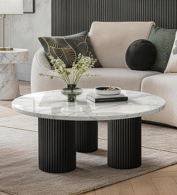 Black Modern Round Coffee Table Marble-Look Top