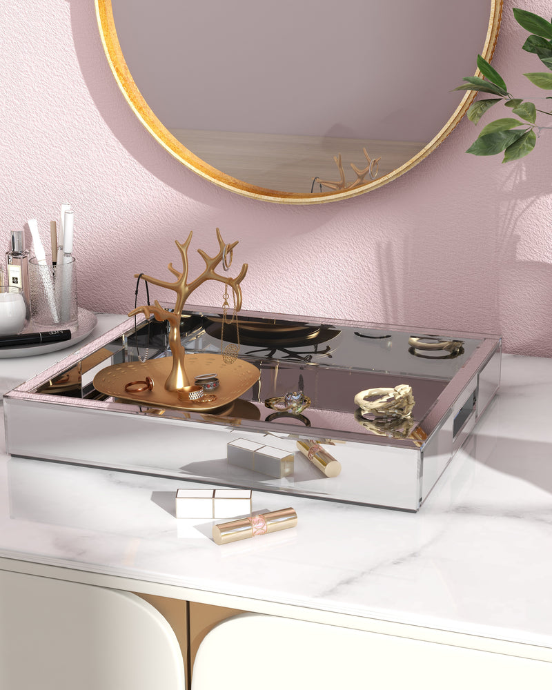 SHYFOY Mirror Glam Tray Bathroom Desktop Storage Tray, Silver Vanity Tray