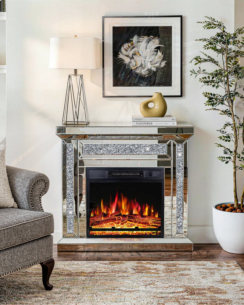 Electric Fireplace with Glass Mantel Surround, Crushed Diamonds inlay