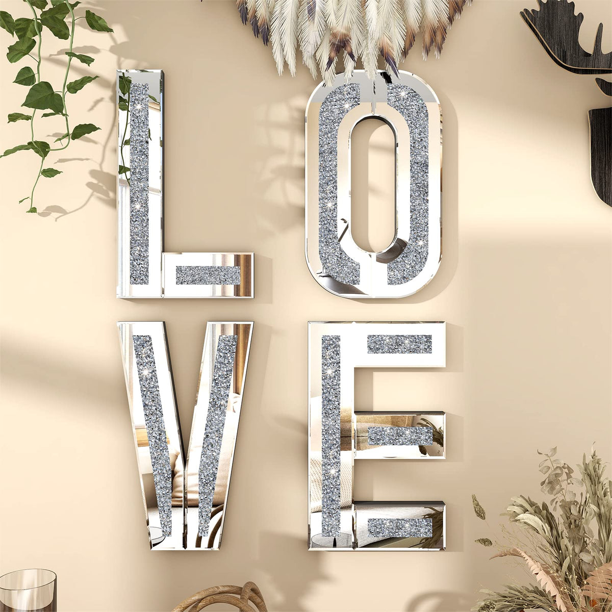 Crushed Diamond Wall Decor Large Size Crystal Mirror Set