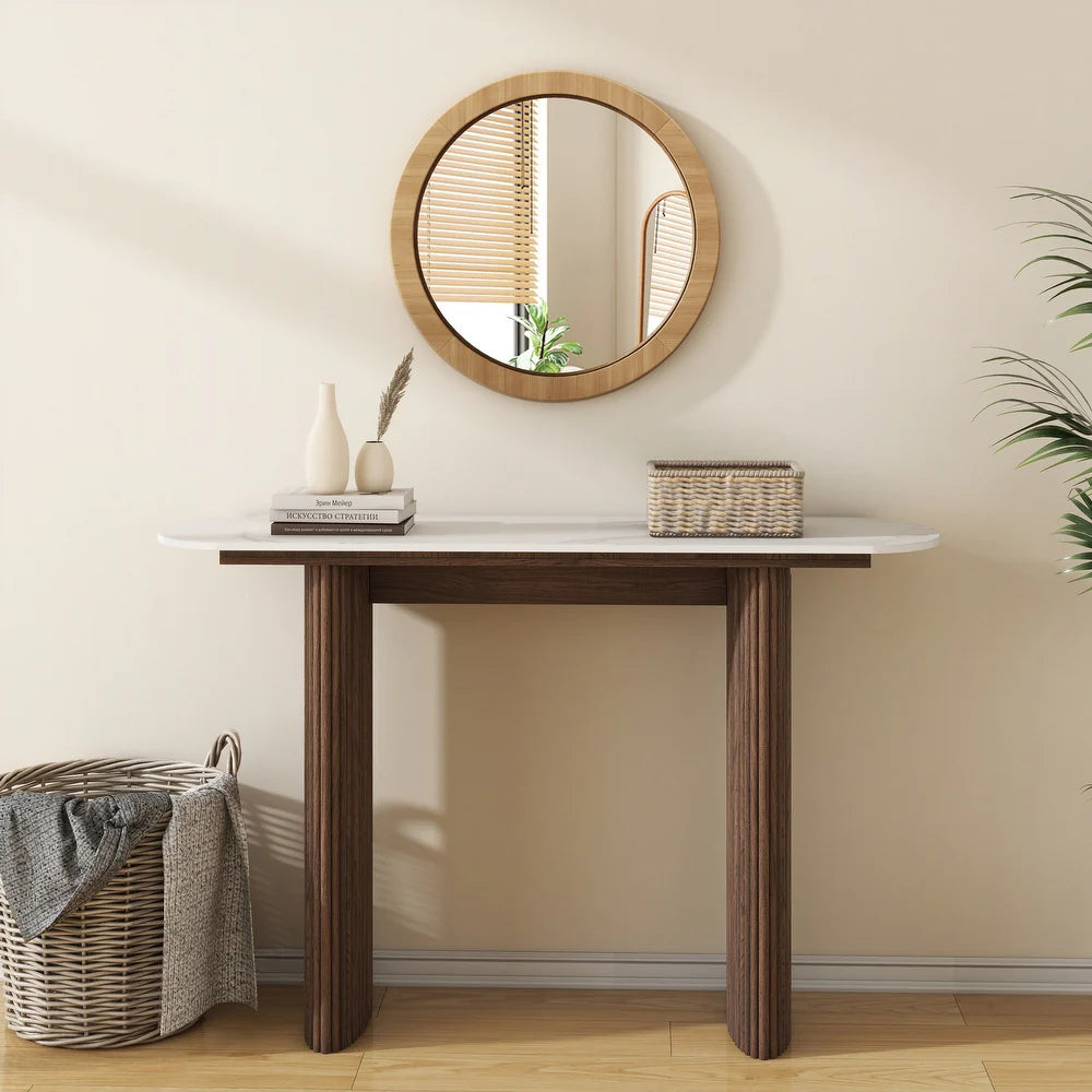 Walnut Marble Console Table Entryway Table with Fluted Base