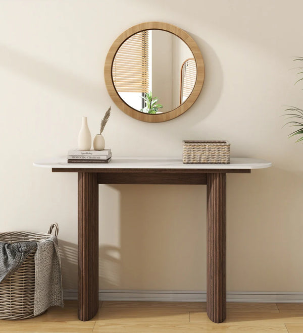 Walnut Marble Console Table Entryway Table with Fluted Base
