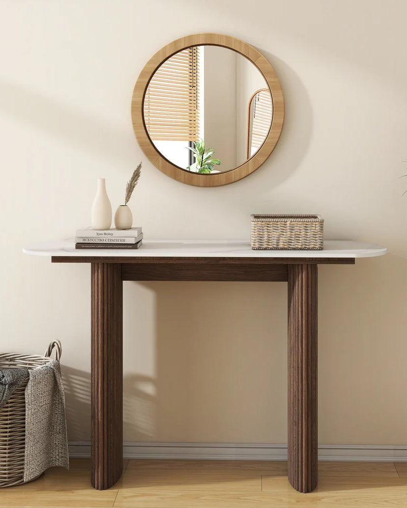 Walnut Marble Console Table Entryway Table with Fluted Base