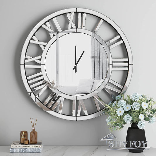 SHYFOY 24 inch Decorative Wall Clocks for Living Room Decor Modern Mirrored Big Clock