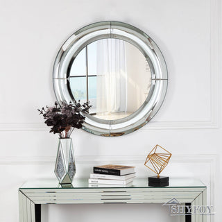 SHYFOY 31.5 inch Circle Wall Mirror for Home Decor,Large Round Decorative Mirrors Modern Silver Art Glass, Wall-Mounted Hanging Accent Mirrors Living
