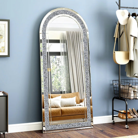 SHYFOY Glass Framed Arched-Top Floor Mirror with Crushed Diamond / SF-FM111