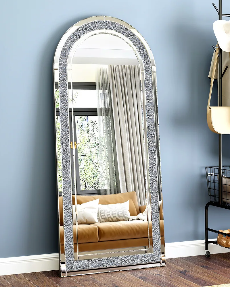 SHYFOY Glass Framed Arched-Top Floor Mirror with Crushed Diamond