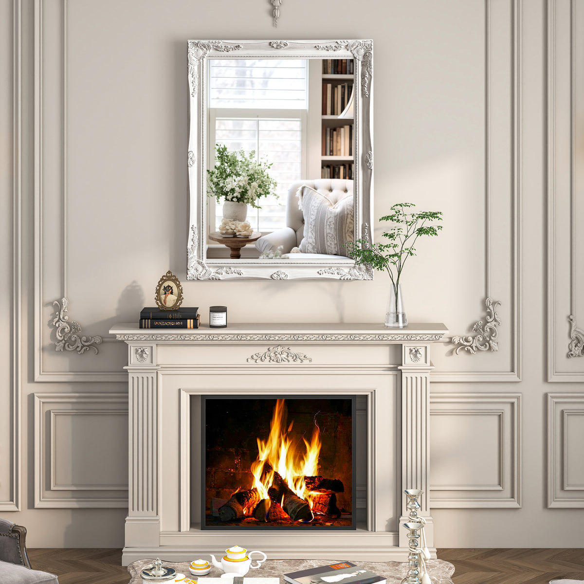 Antique White Ornate Wall Mirror